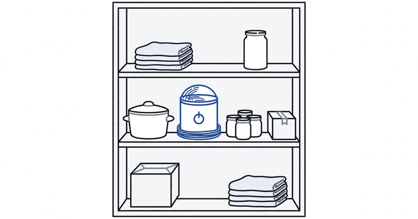Illustration: a pantry closet drawn front-on. An ice cream maker sits on the middle shelf among folded towels, a cooking pot, and jars, its cord wound around its base.